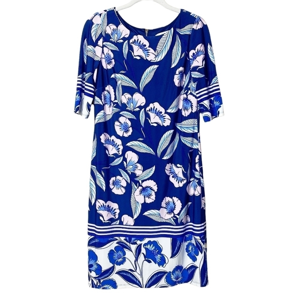 Eliza J blue floral sheath dress 4‎ knee length half sleeve boat neck modest
